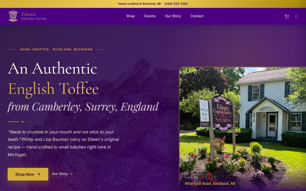 The Eileen's English Toffee homepage, with its purple and gold hero and a photograph of the Richland storefront.