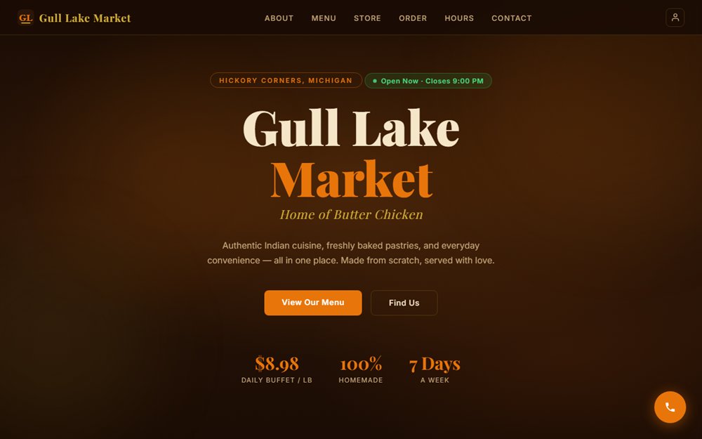 The Gull Lake Market homepage, with its warm brown hero, "Home of Butter Chicken" tagline and live open-now status.