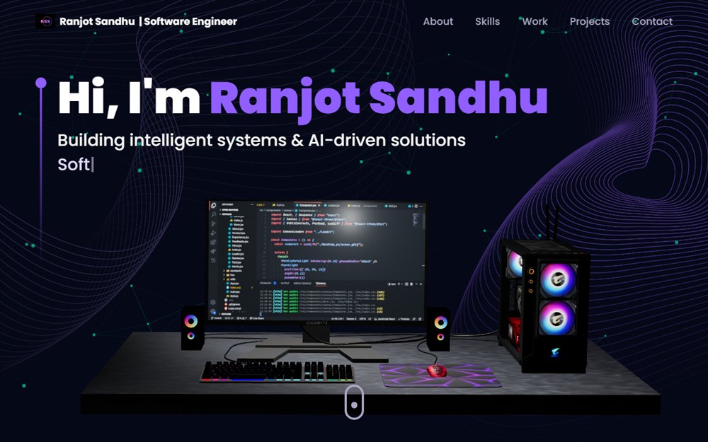The Ranjot Sandhu portfolio homepage, with an animated 3D desk scene and a typewriter headline.